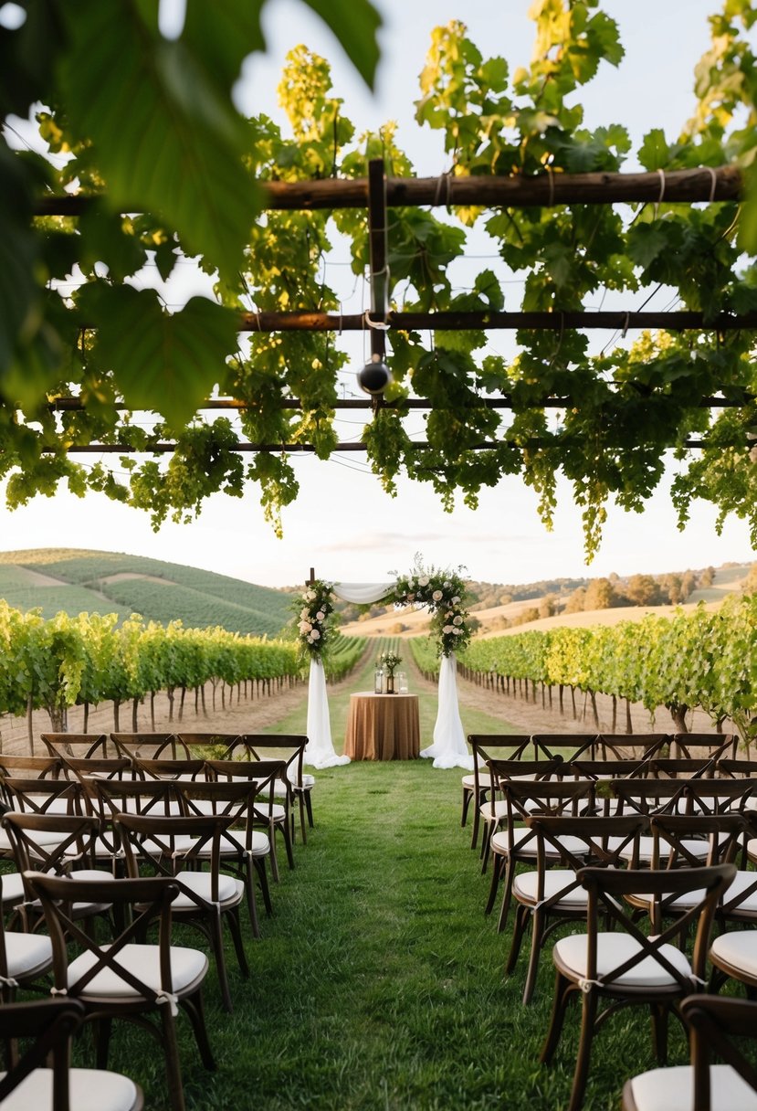 A picturesque vineyard wedding retreat with rolling hills, grapevines, and a rustic ceremony area under a canopy of greenery