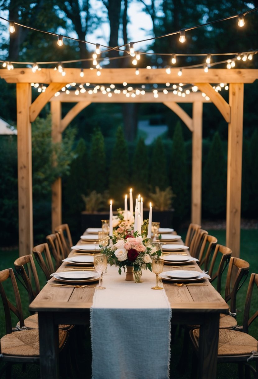 A cozy backyard with twinkling lights, a rustic wooden arch, and a long dining table adorned with flowers and candles