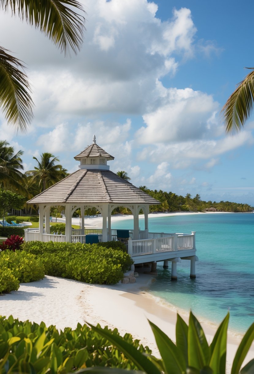 A picturesque oceanfront resort with a gazebo overlooking the water, surrounded by lush tropical gardens and a white sandy beach