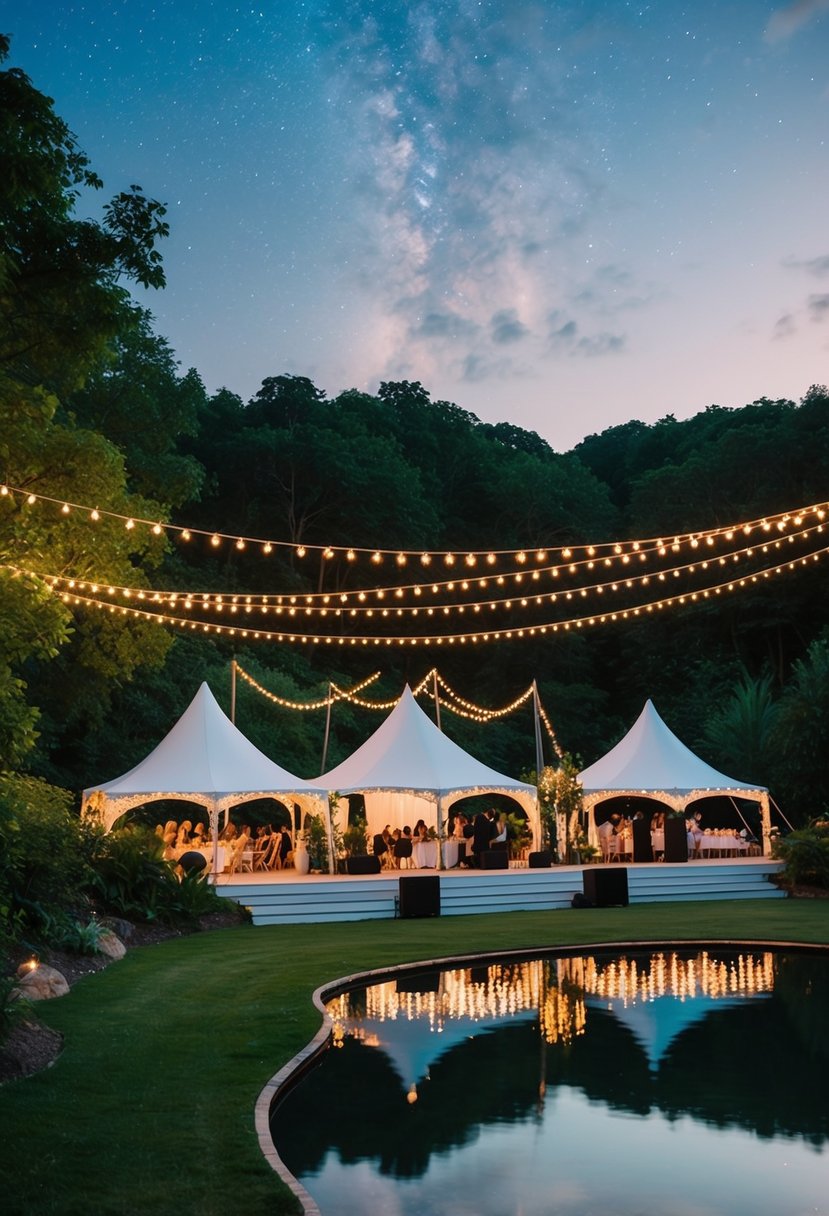 Colorful tents and fairy lights adorn the outdoor wedding venue, surrounded by lush greenery and a serene lake. A stage is set for live music and dancing under the starry summer sky