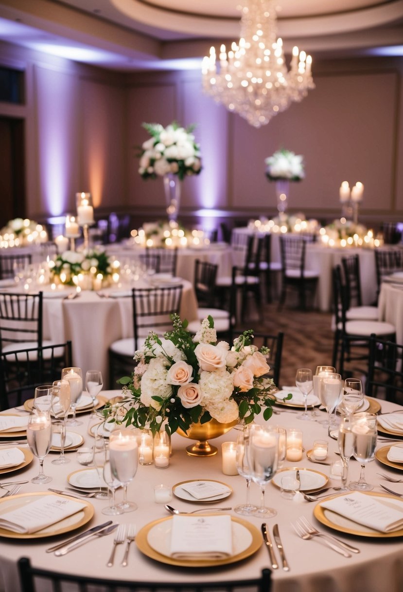 A beautifully decorated wedding reception with elegant table settings, floral centerpieces, and soft candlelight creating a romantic and inviting atmosphere