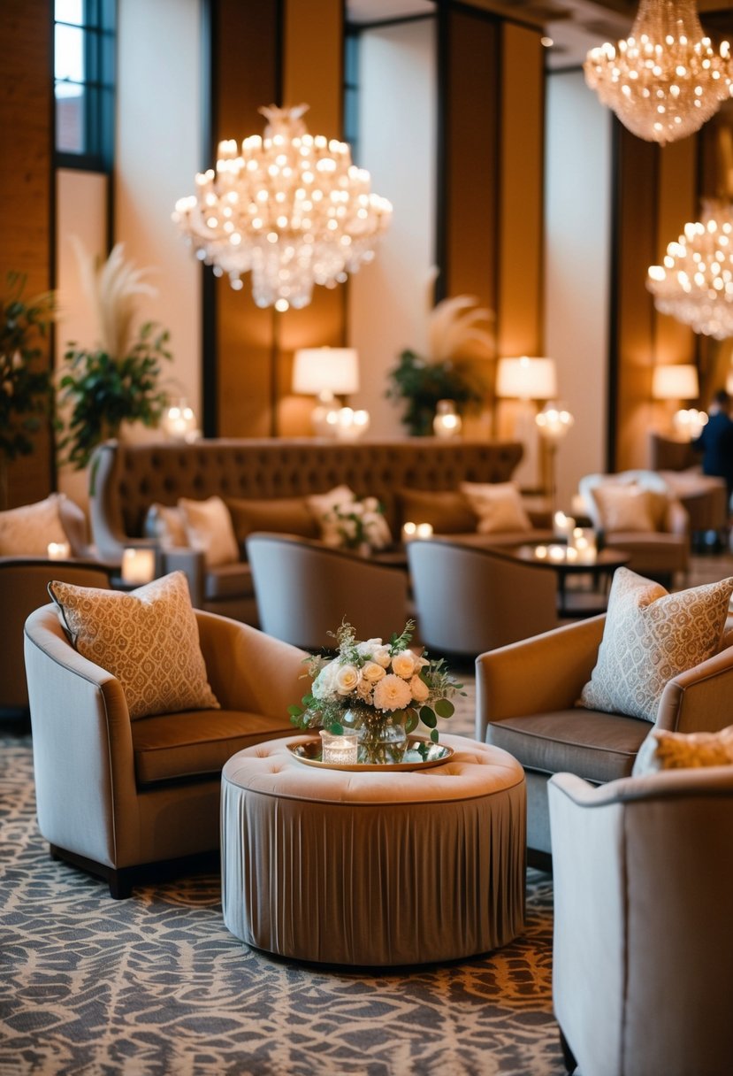 A cozy lounge area with plush seating, warm lighting, and elegant decor for a wedding reception