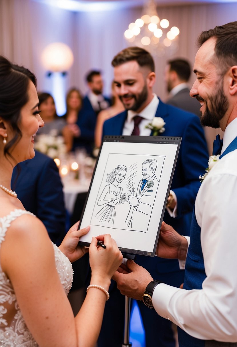 A wedding reception with live sketch artists capturing unique memories