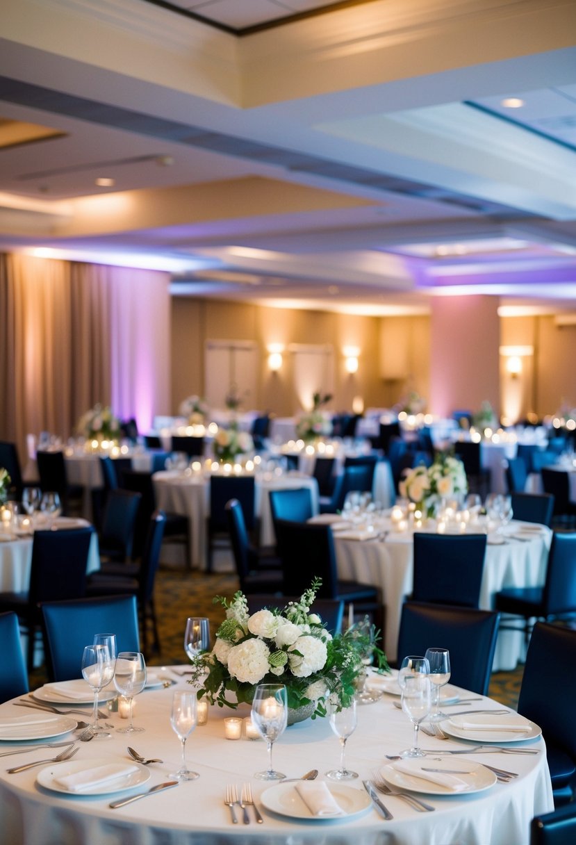 A mix of rectangular and round tables arranged in a wedding reception setting with elegant tablecloths, floral centerpieces, and ambient lighting