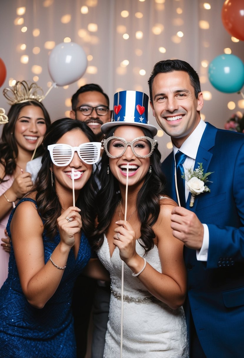 A photo booth adorned with playful props at a lively wedding reception