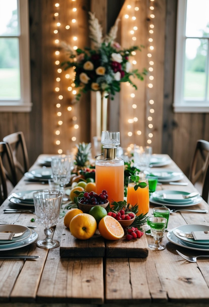 A rustic wooden table displays a variety of glassware, fresh fruits, and cocktail ingredients, with a backdrop of twinkling lights and floral arrangements