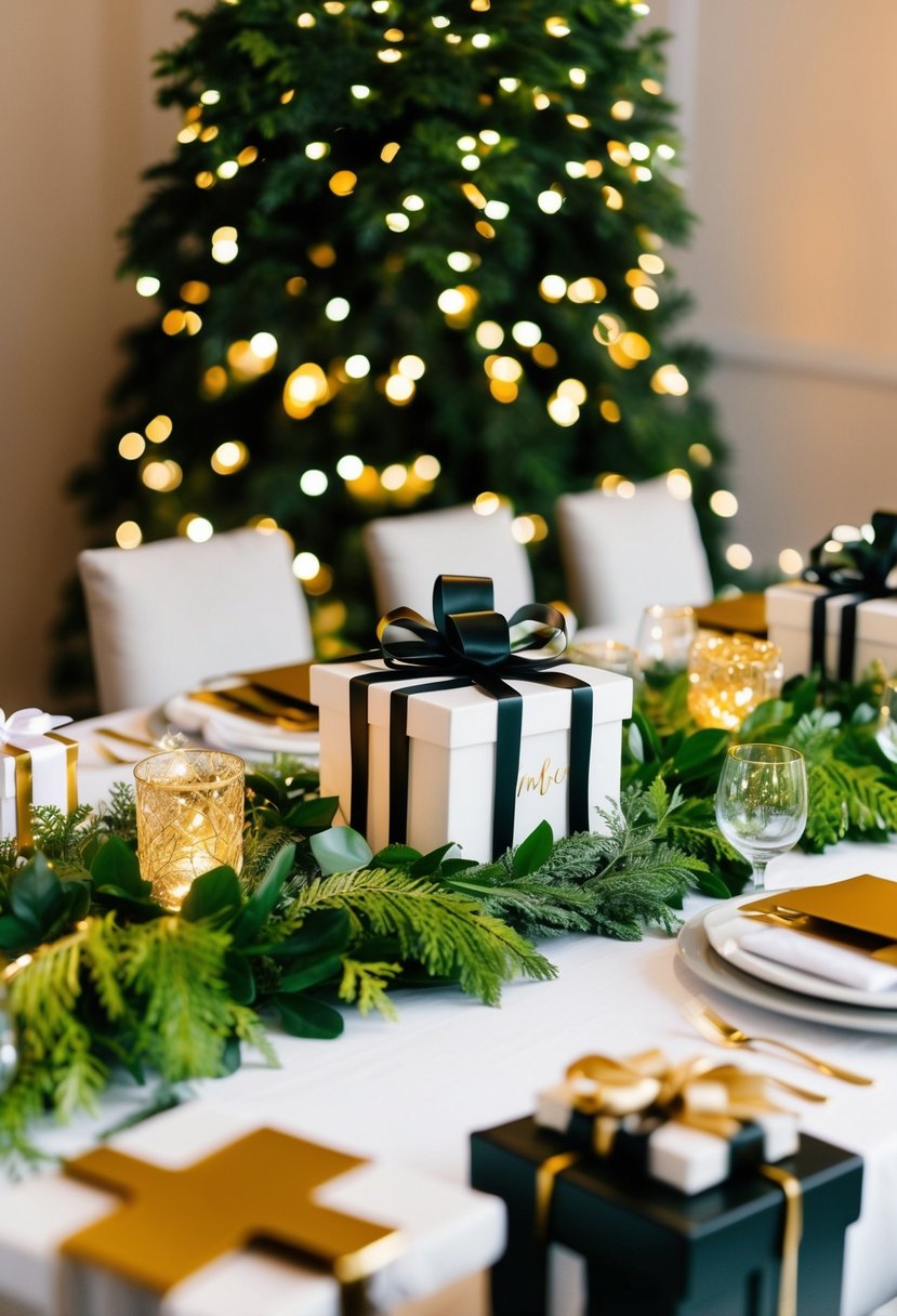 A table adorned with unique, personalized gifts, surrounded by lush greenery and twinkling lights