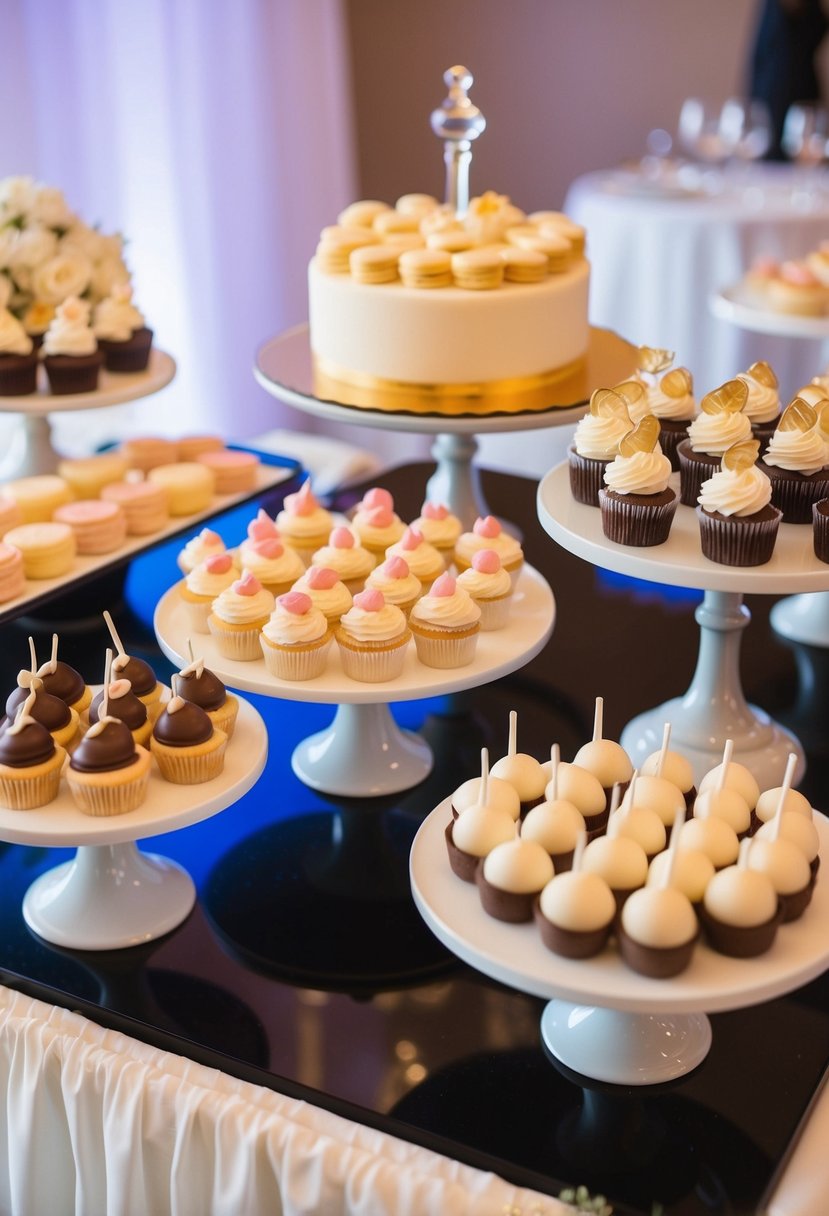 A dessert bar displays an array of treats at a wedding reception: cupcakes, macarons, tarts, and cake pops arranged on elegant stands and platters