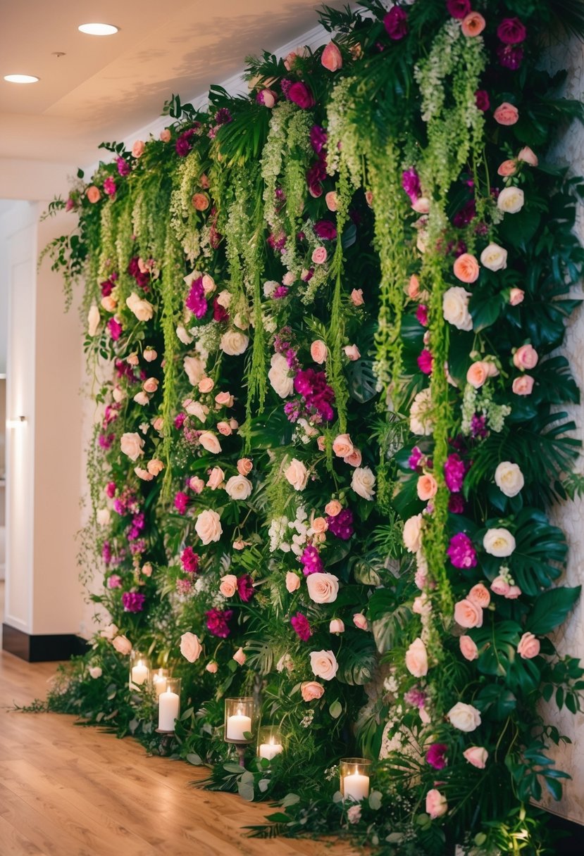 A lush, vibrant floral wall spans the reception area, adorned with cascading blooms and greenery, creating a romantic and enchanting atmosphere