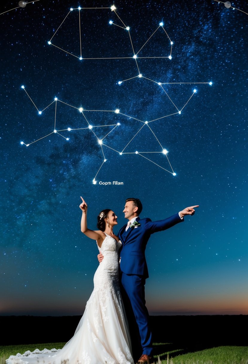 A couple stands under a starry night sky, pointing to a constellation. The stars form a personalized map of the night sky on their wedding day