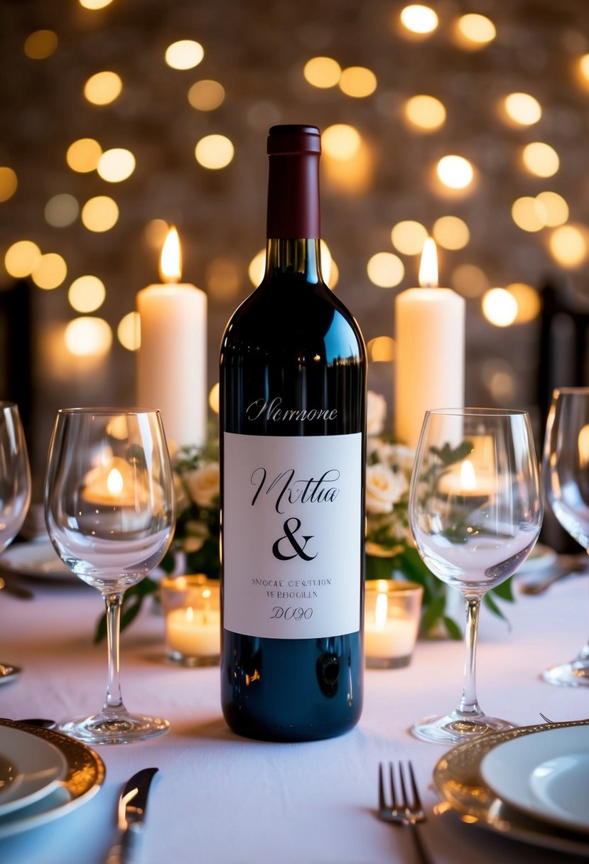 A custom wine bottle with the wedding date, surrounded by elegant glasses and a romantic candlelit dinner setting