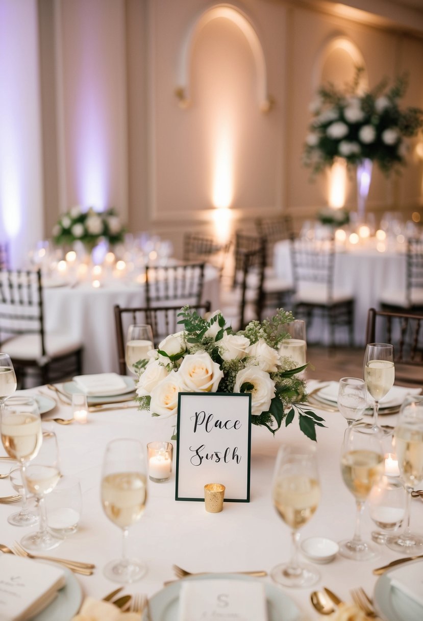 A beautifully arranged wedding reception table with personalized place cards for each guest, set against a backdrop of elegant decor and soft lighting