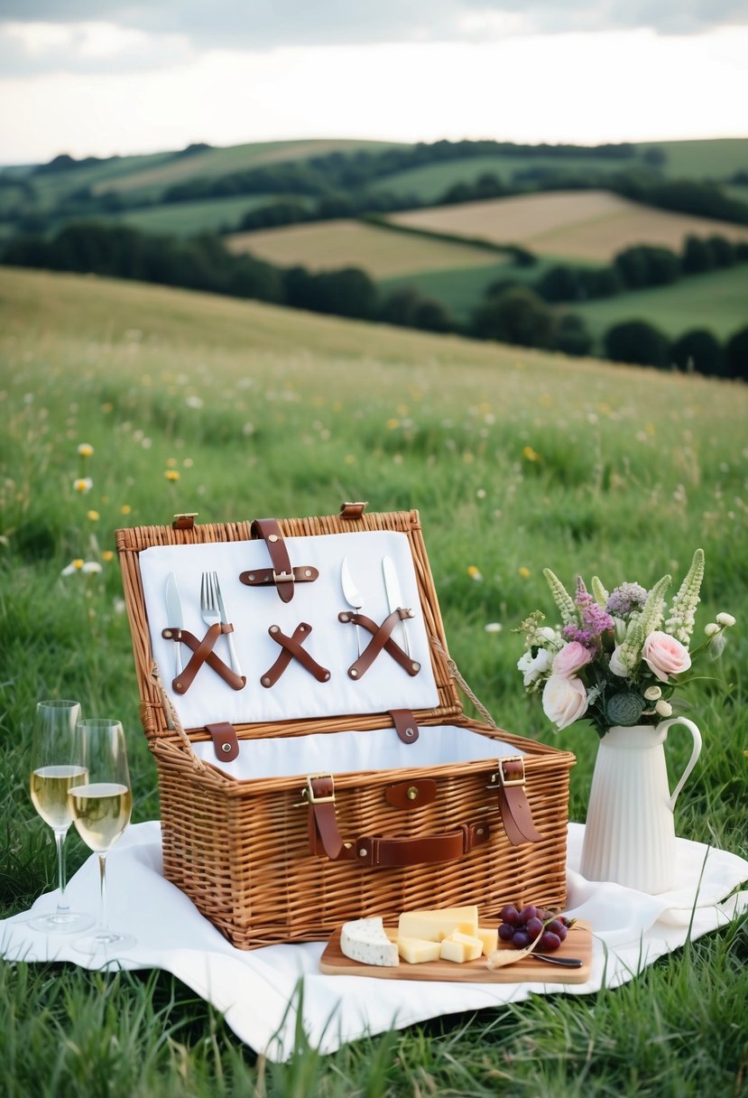 A lush picnic spread with a wicker basket, wine glasses, cheese board, and fresh flowers set on a grassy meadow with a view of rolling hills