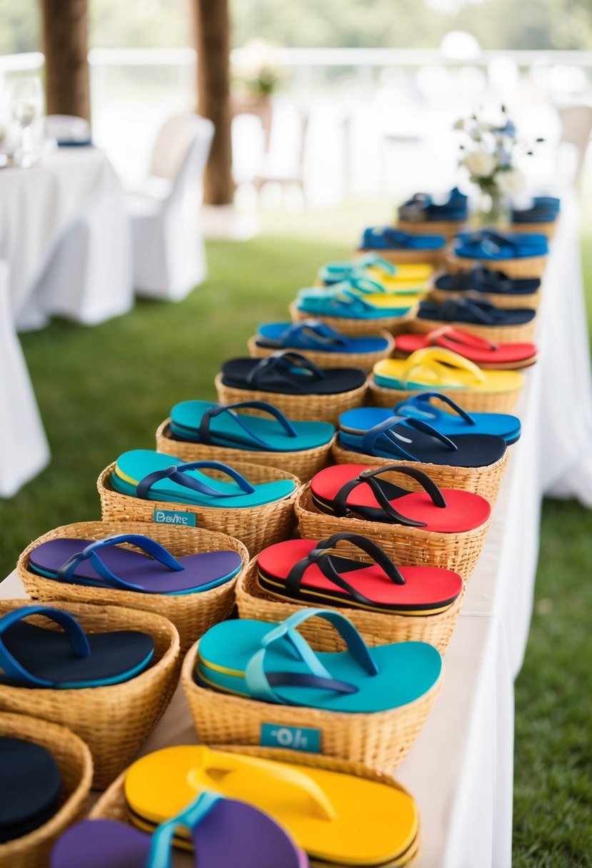 A table with baskets of colorful flip flops arranged neatly for guests at a wedding reception