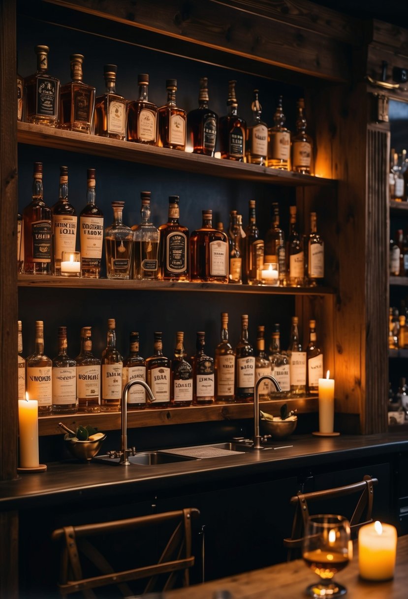 A cozy, dimly lit speakeasy-style bar with shelves of whiskey and tequila bottles, flickering candlelight, and rustic wooden decor