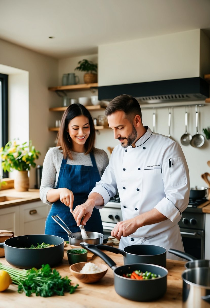 A cozy kitchen with a chef demonstrating cooking techniques to a couple, surrounded by pots, pans, and fresh ingredients