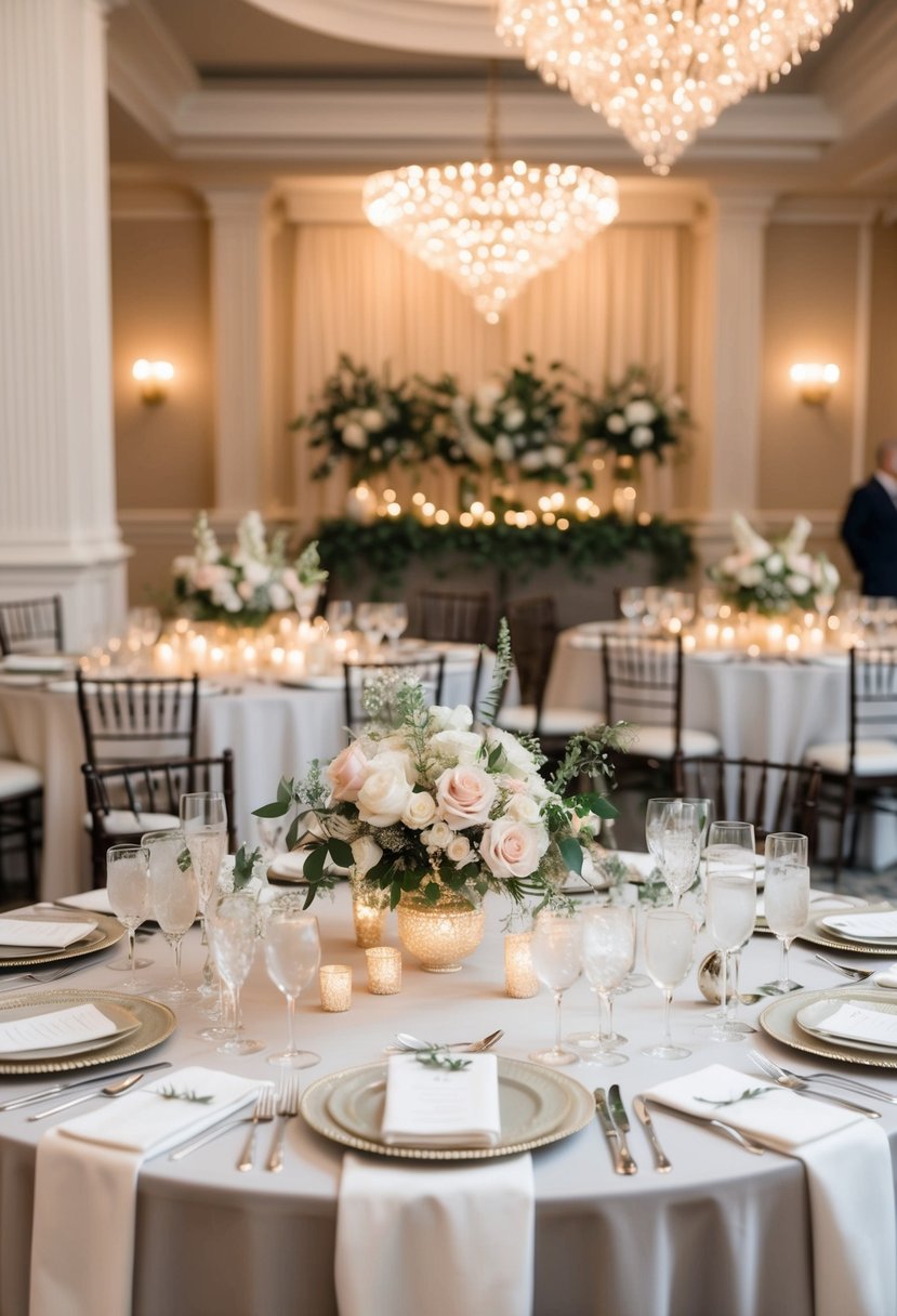 An elegant tablescape with layered linens, adorned with delicate floral centerpieces and sparkling tableware, set up for a wedding reception