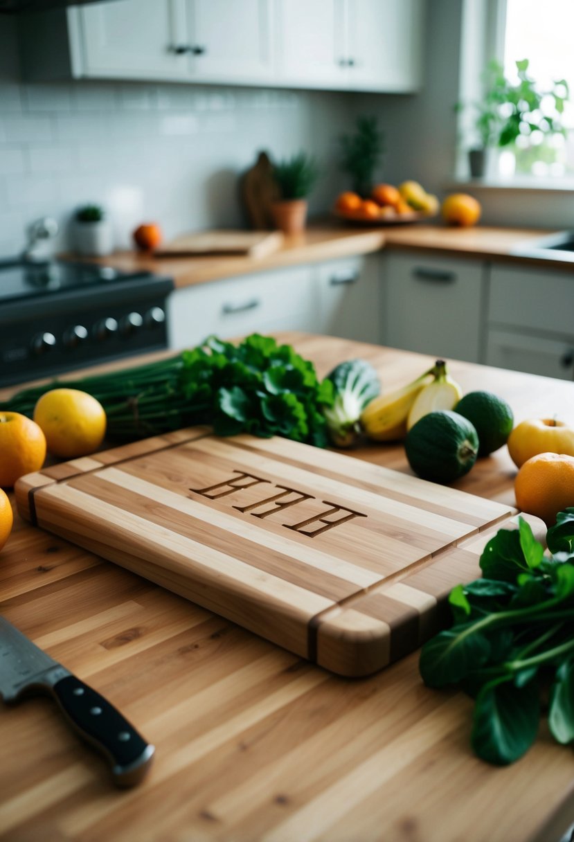 A wooden cutting board with carved initials sits on a kitchen counter, surrounded by fresh fruits and vegetables