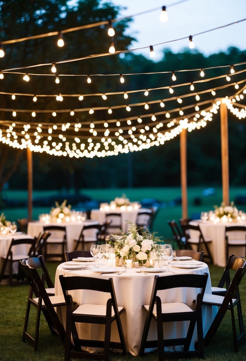 Twinkling string lights drape over outdoor wedding reception, illuminating tables and creating a warm, romantic ambiance