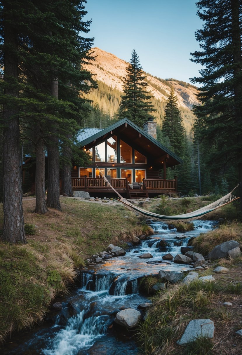 A cozy cabin nestled in the mountains, surrounded by tall pine trees and a bubbling stream, with a hammock swaying in the gentle breeze