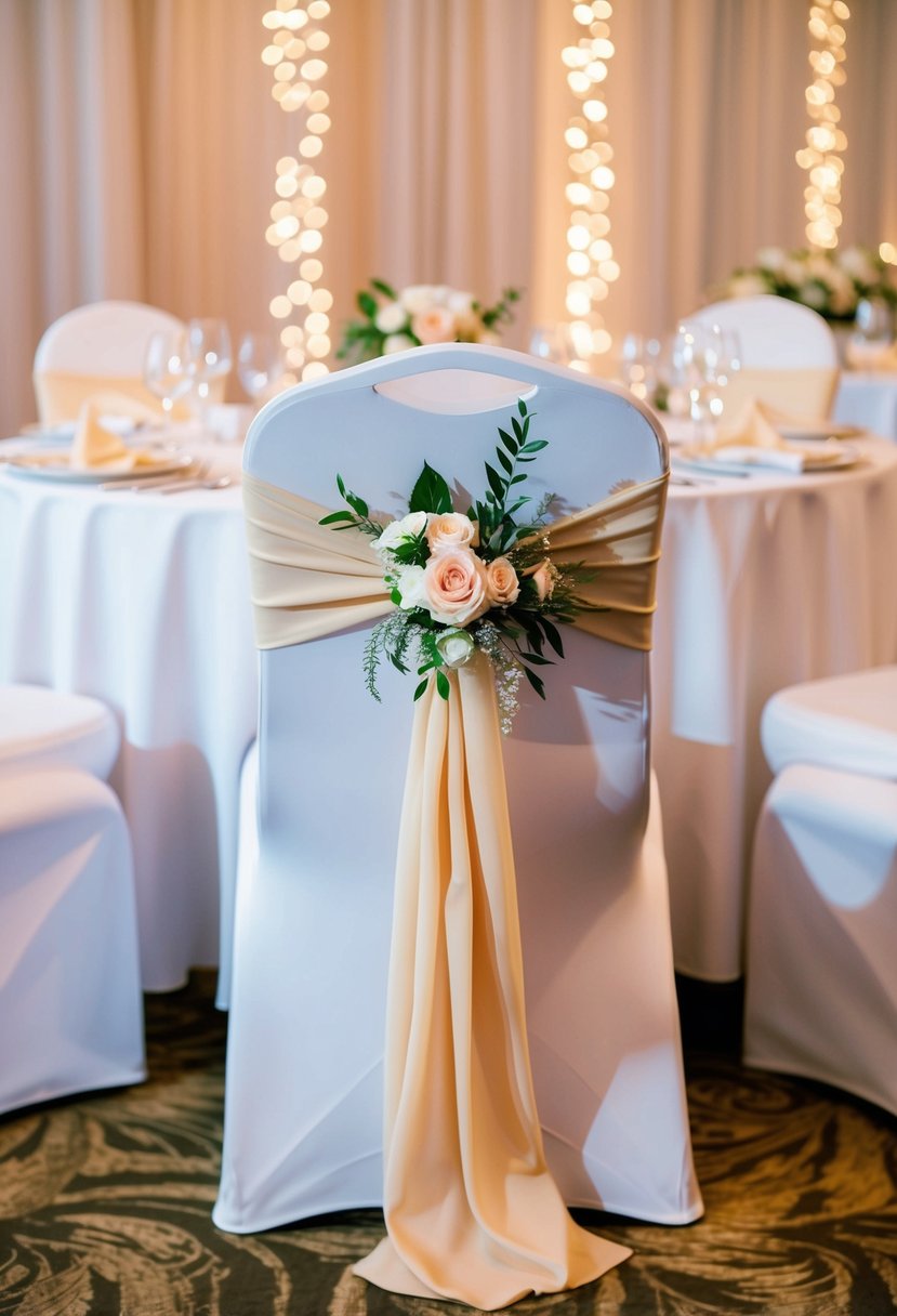 A classic chair cover and sash wedding reception set up with elegant, draped fabric and floral accents