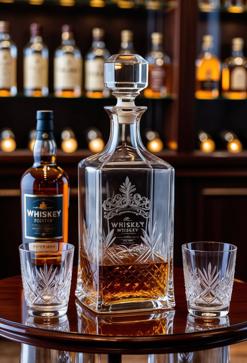 A beautifully engraved whiskey decanter set displayed on a polished wooden table, surrounded by two crystal glasses and a bottle of premium whiskey