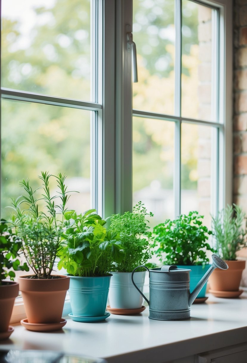 A cozy kitchen window sill with pots of fresh herbs and a small watering can