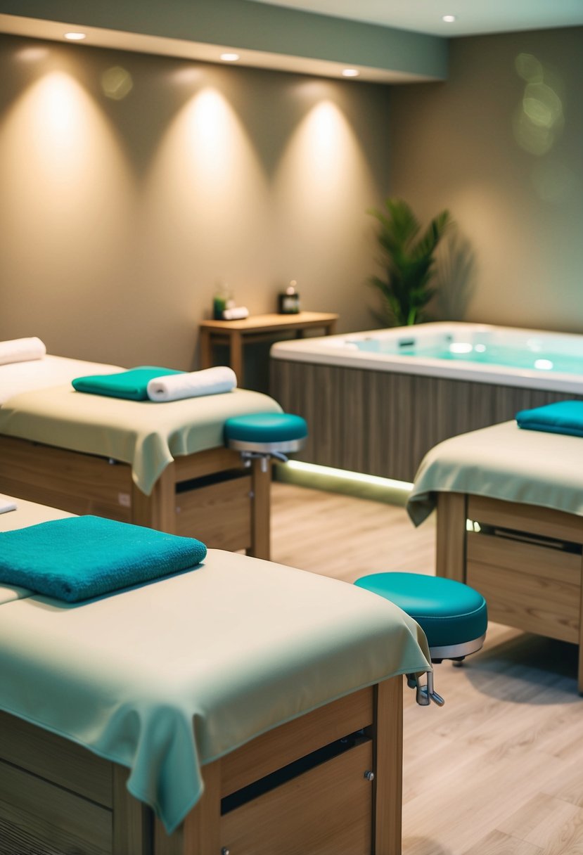 A serene spa room with two massage tables, soft lighting, and a bubbling hot tub in the background