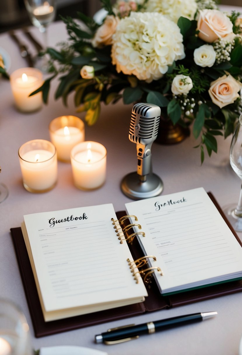 A table adorned with a vintage microphone and an open guestbook, surrounded by soft candlelight and floral arrangements