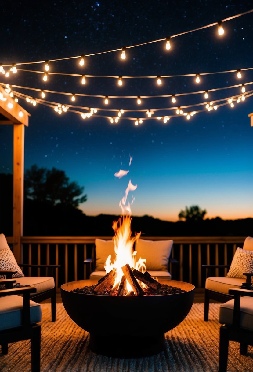 A crackling fire pit surrounded by cozy seating, with string lights overhead and a starry night sky above