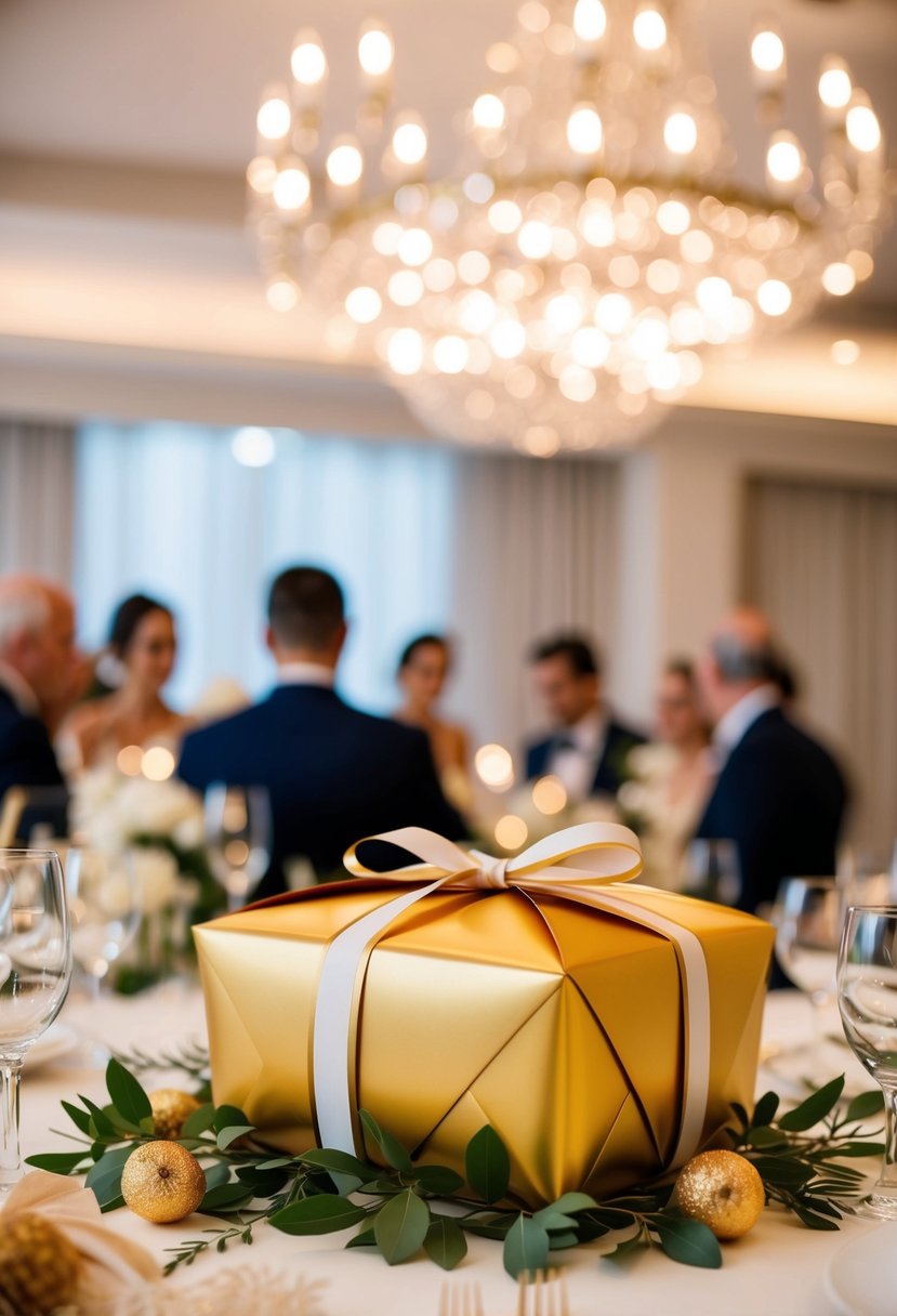 A beautifully wrapped gourmet food box sits on a table, surrounded by elegant wedding decor