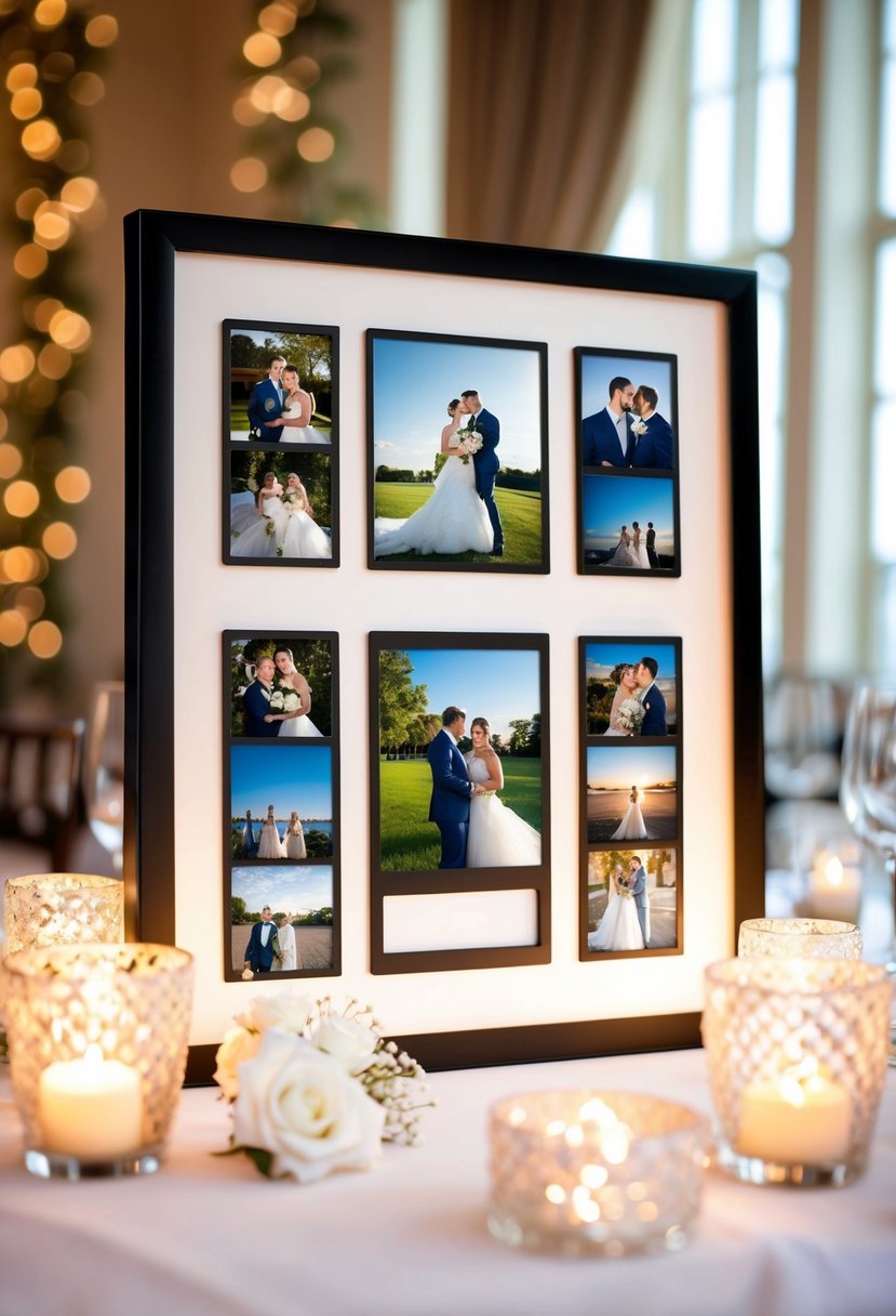 A digital picture frame displaying various wedding photos, surrounded by elegant decor and soft lighting