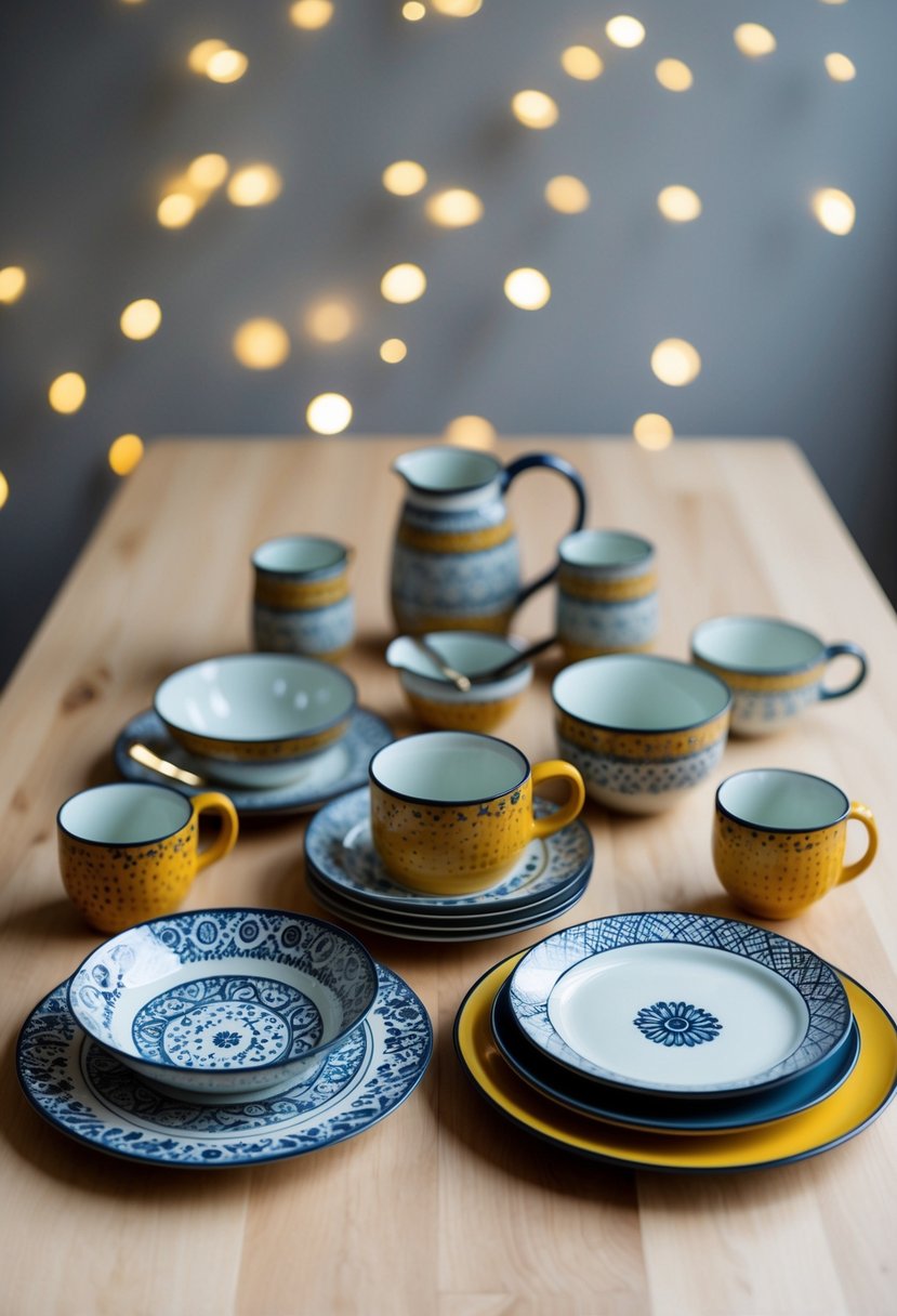 A beautifully arranged set of handmade ceramic dinnerware, consisting of plates, bowls, and mugs, adorned with intricate designs and patterns, ready to be given as a wedding gift