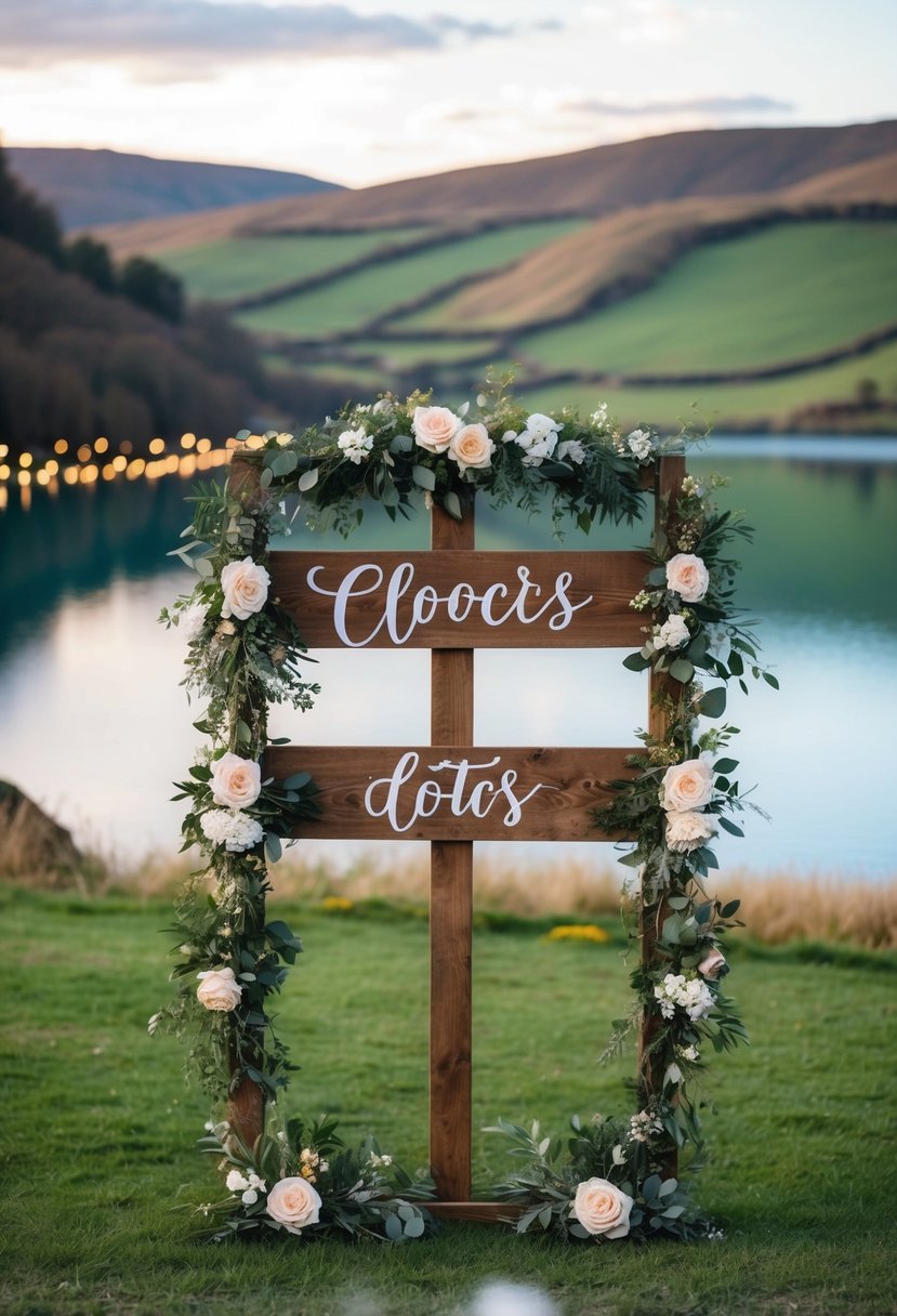 A rustic wooden sign adorned with flowers and greenery, surrounded by twinkling fairy lights and set against a picturesque backdrop of rolling hills and a serene lake