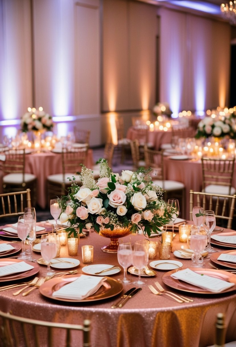 A lavish rose gold wedding reception with shimmering table settings, elegant floral arrangements, and glowing candlelight