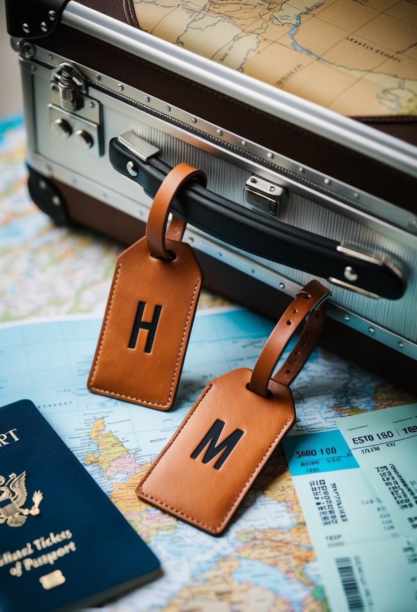 Two leather travel tags with personalized initials attached to a suitcase handle, surrounded by a map, plane tickets, and a passport