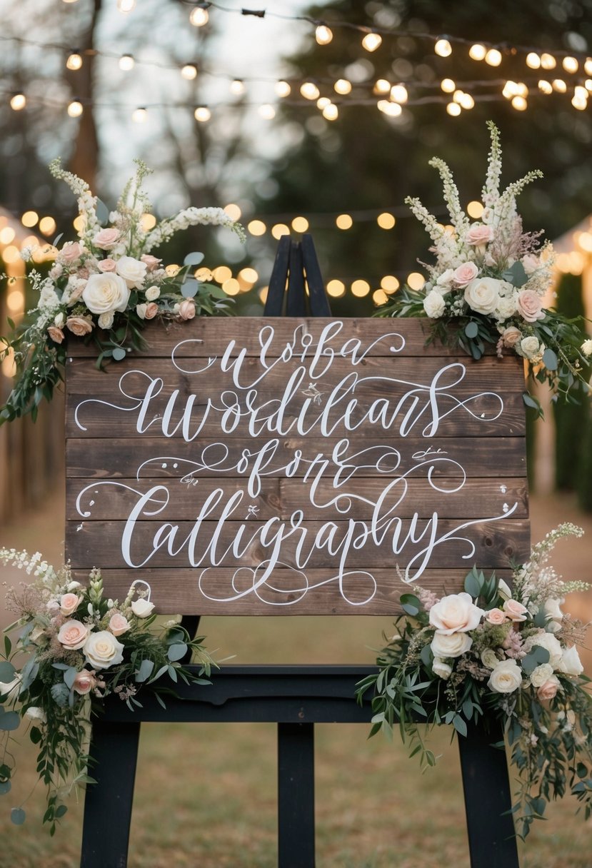 A rustic wooden sign adorned with elegant calligraphy, surrounded by delicate floral arrangements and twinkling fairy lights