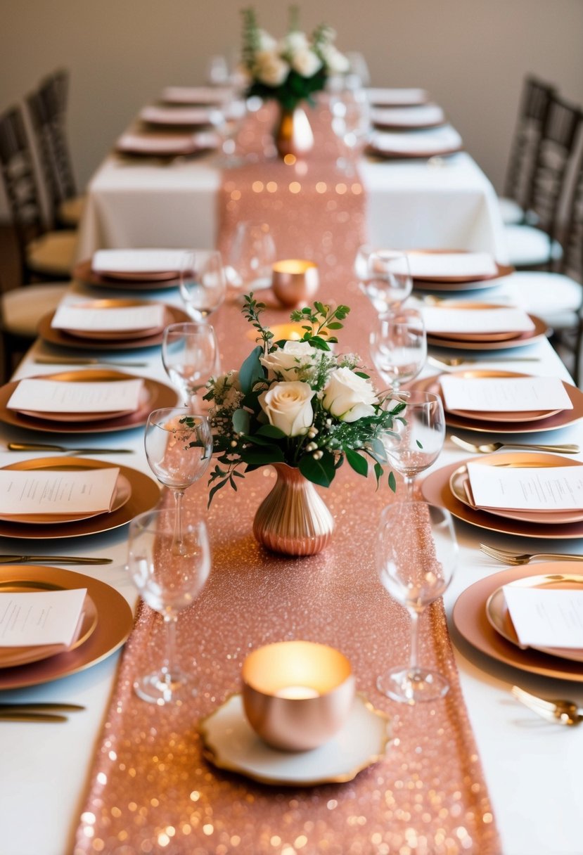 A table set with rose gold runners, adorned with elegant decor for a rose gold themed wedding