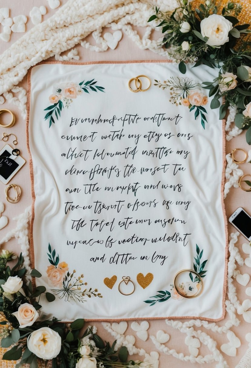 A cozy blanket featuring handwritten letters and symbols, surrounded by wedding-themed elements like rings, flowers, and hearts