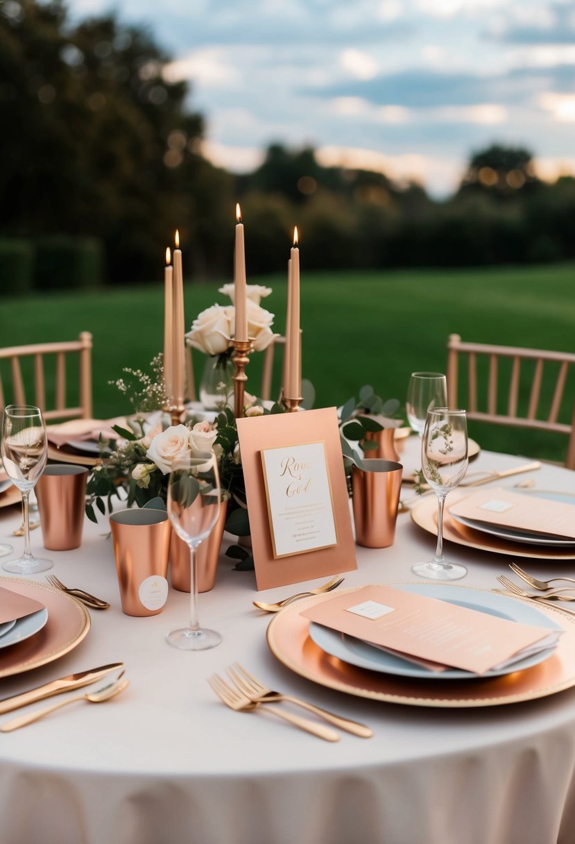 A table adorned with metallic rose gold wedding invitations and decor, reflecting the elegant and romantic theme of a rose gold wedding