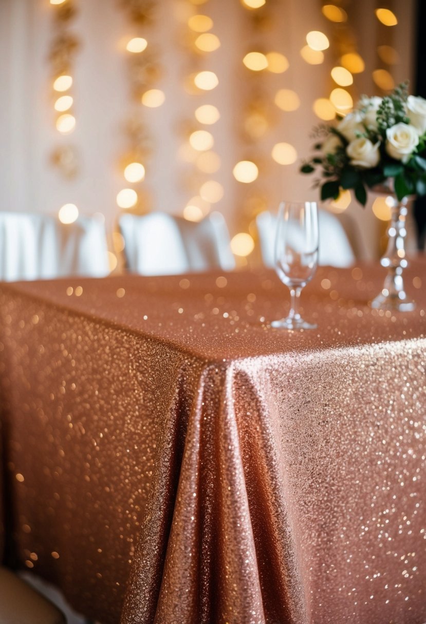 A sparkling rose gold glitter tablecloth adorns a table, creating a dazzling display for a wedding or event