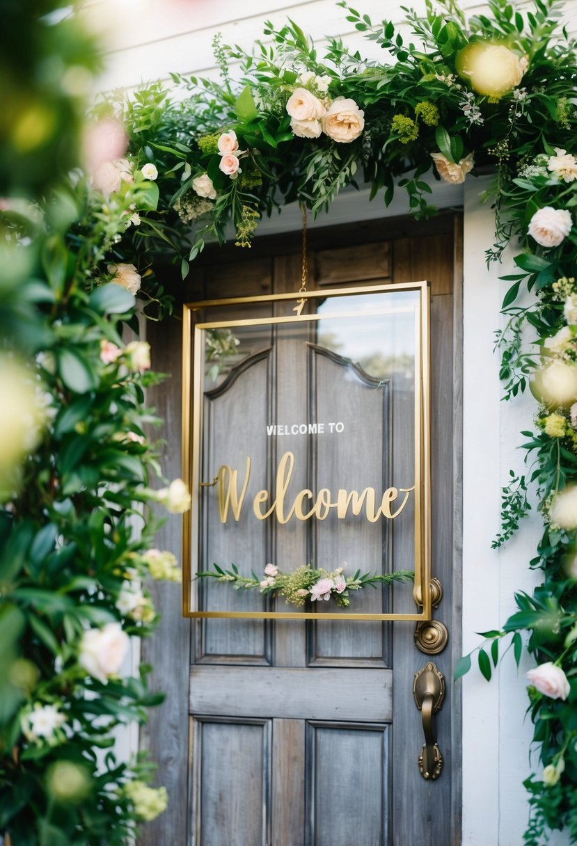 A gold-framed acrylic welcome sign hanging from a rustic wooden door, surrounded by lush greenery and delicate flowers