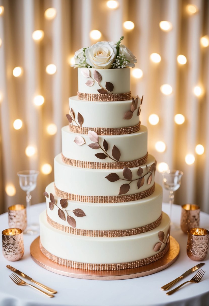 Rose gold leaf accents adorn a tiered wedding cake, surrounded by matching decor and accessories