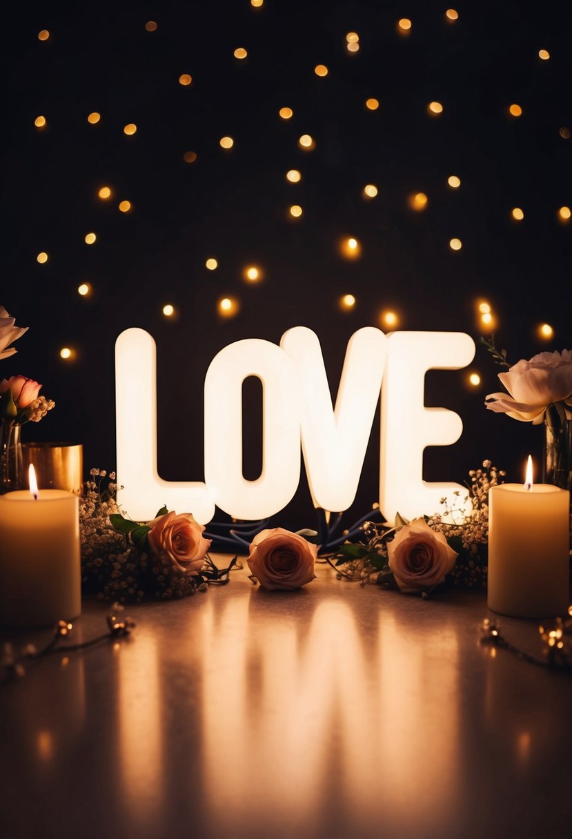 A glowing neon 'Love' sign against a dark background, surrounded by romantic flowers and candles