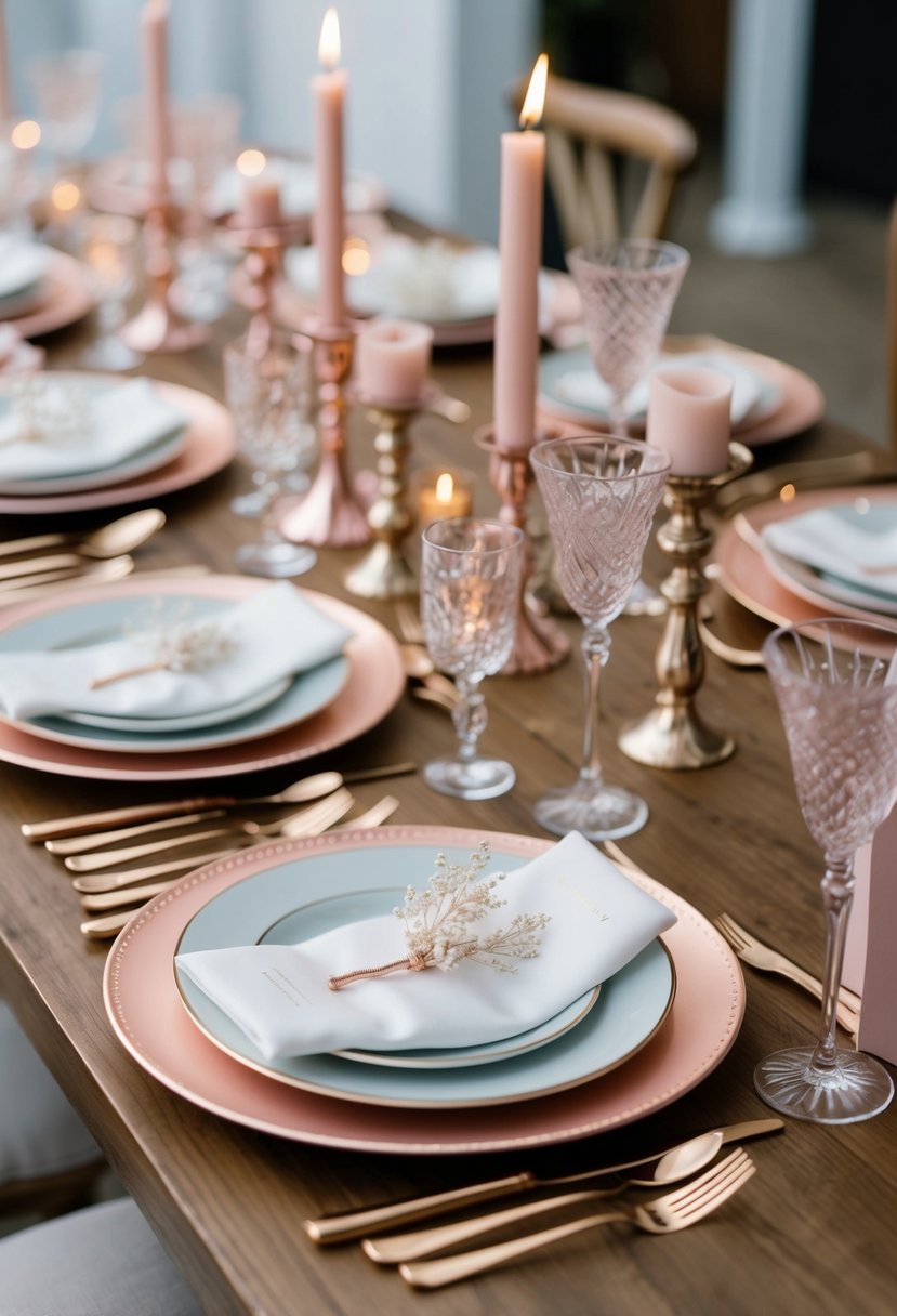 A table set with rose gold cutlery, candle holders, and delicate hair accessories for a bridal updo