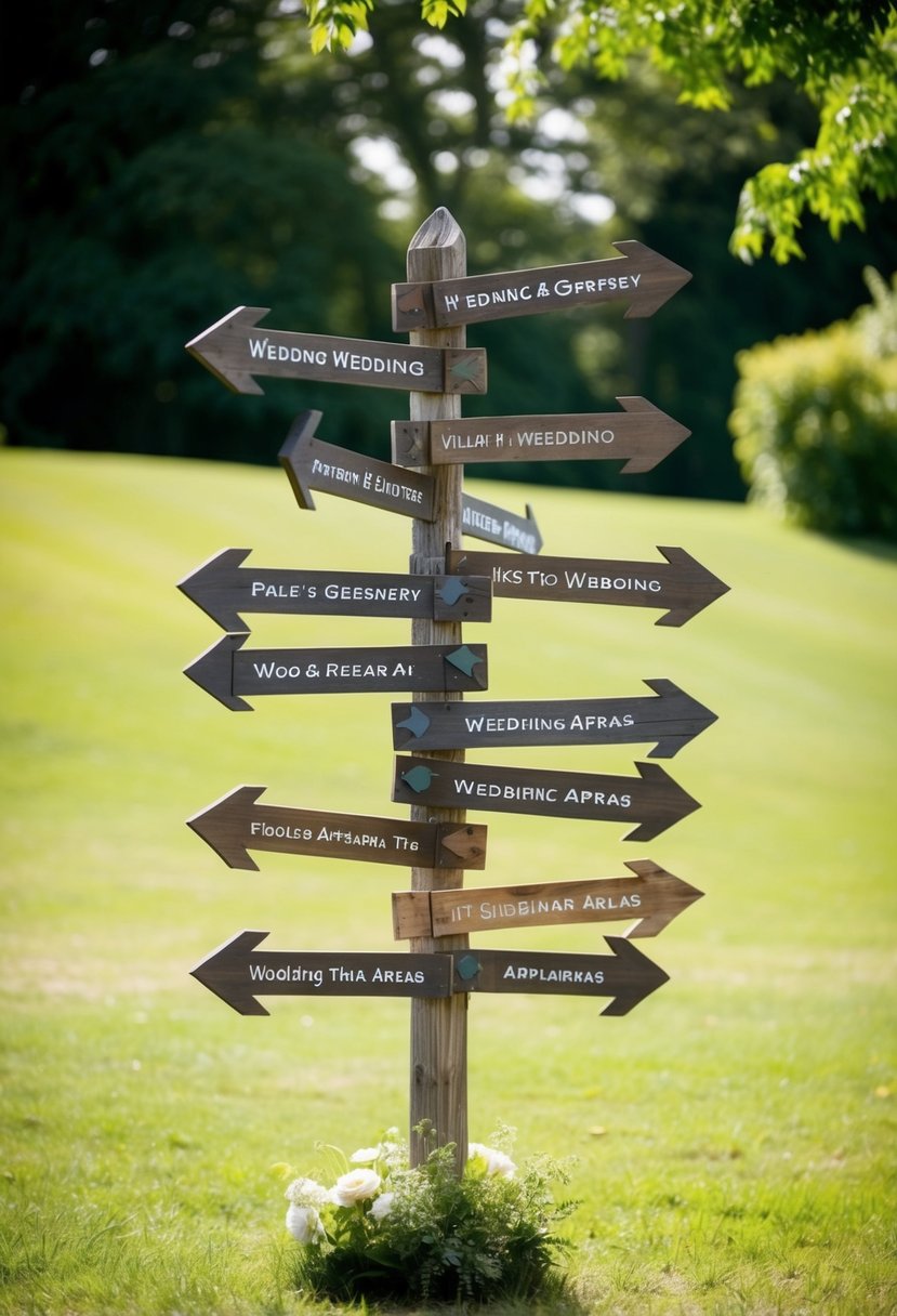 A rustic wooden signpost with various arrows pointing towards different wedding areas, surrounded by lush greenery