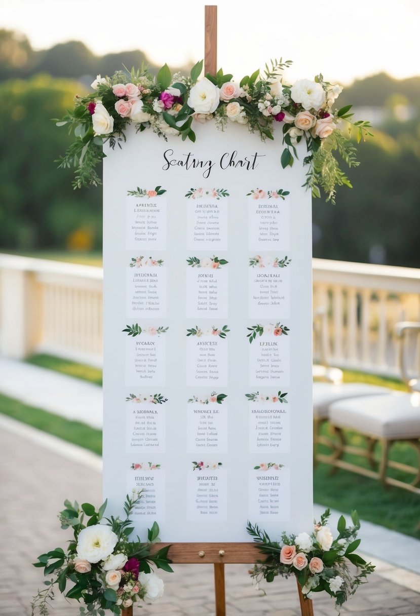 A seating chart adorned with floral accents, displayed as a wedding sign