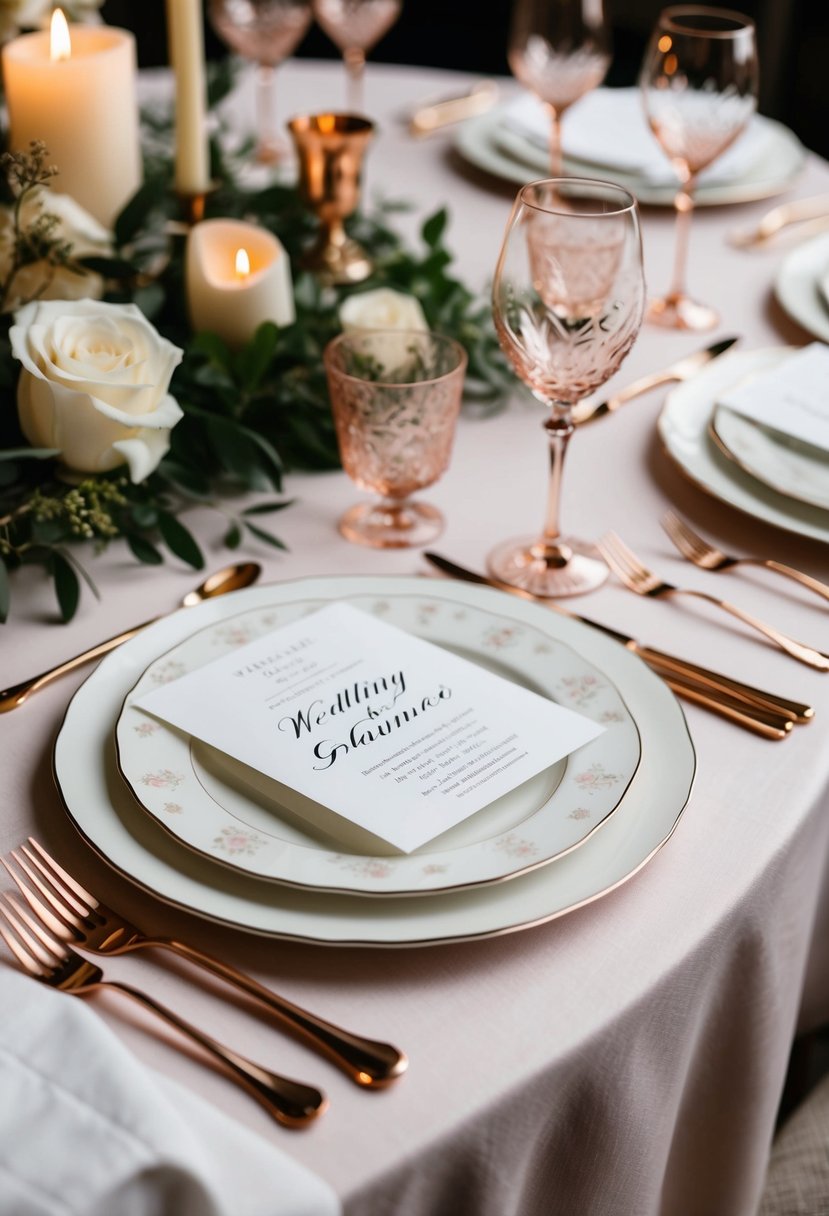 A table set with rose gold flatware, delicate plates, and elegant glassware for a romantic wedding dinner