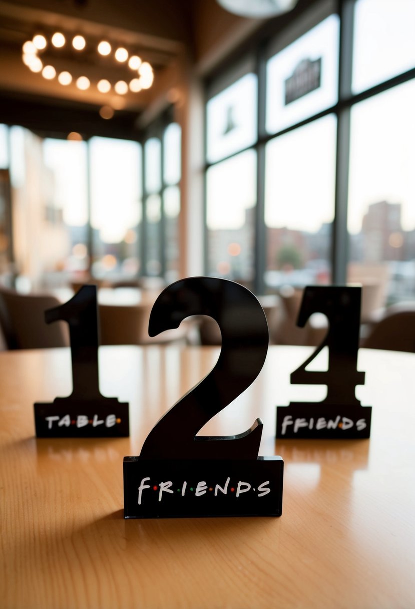 A set of table numbers designed as iconic elements from the TV show Friends, such as the Central Perk coffee shop sign or the orange couch