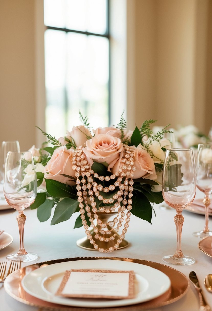 A table adorned with rose gold statement jewelry for a wedding